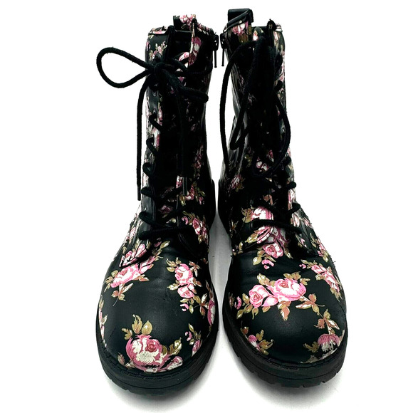 JELLYPOP | Women's 7.5 Black Pink Floral Combat Chunky Heel Ramsey Ankle Boots‎ - Picture 4 of 12